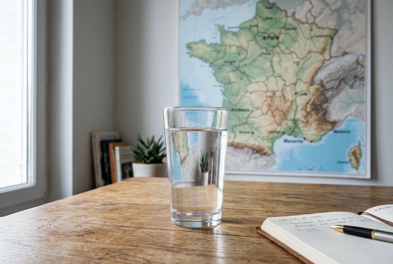 Verre d'eau claire sur table en bois avec carte de France en arrière-plan, choisir la bonne solution adoucisseur