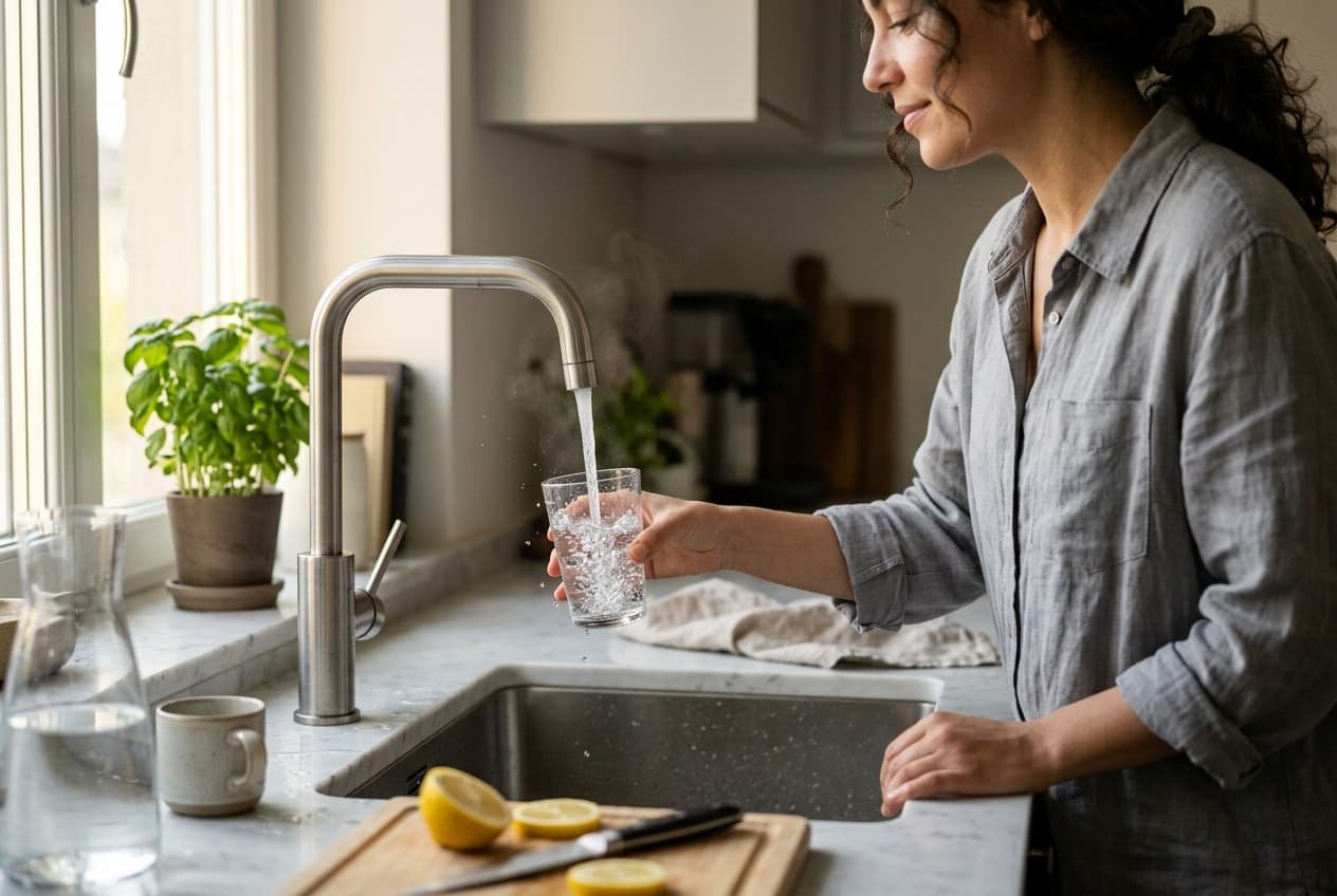 Personne remplissant un verre d'eau au robinet, l'eau de Bretagne est parmi les plus douces de France