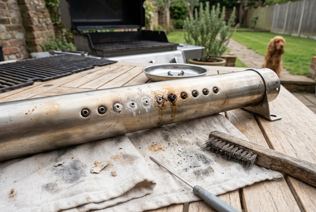 Brûleur inox de barbecue à gaz aux orifices obstrués par du calcaire et de la graisse, posé avec une brosse métallique