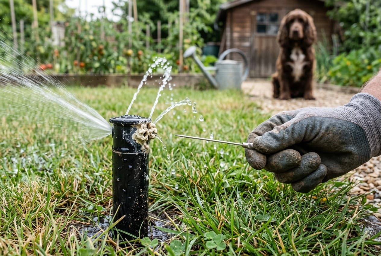 Buse d'arrosage automatique de pelouse bouchée par des dépôts de calcaire blanc, jet d'eau irrégulier sur l'herbe
