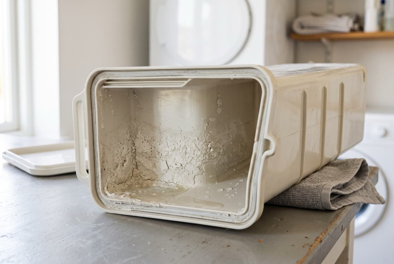 Bac de condensation de sèche-linge couvert de dépôt calcaire blanc avant nettoyage