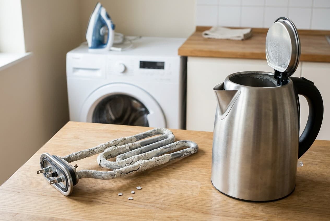 Résistance de lave-linge couverte de calcaire blanc à côté d'une bouilloire entartrée dans une buanderie