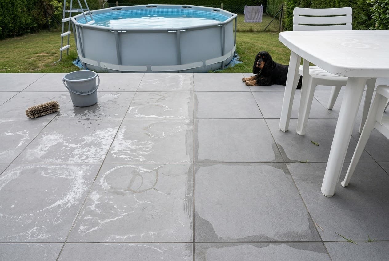 Terrasse en carrelage à moitié nettoyée avec mobilier de jardin en résine et piscine hors-sol en arrière-plan