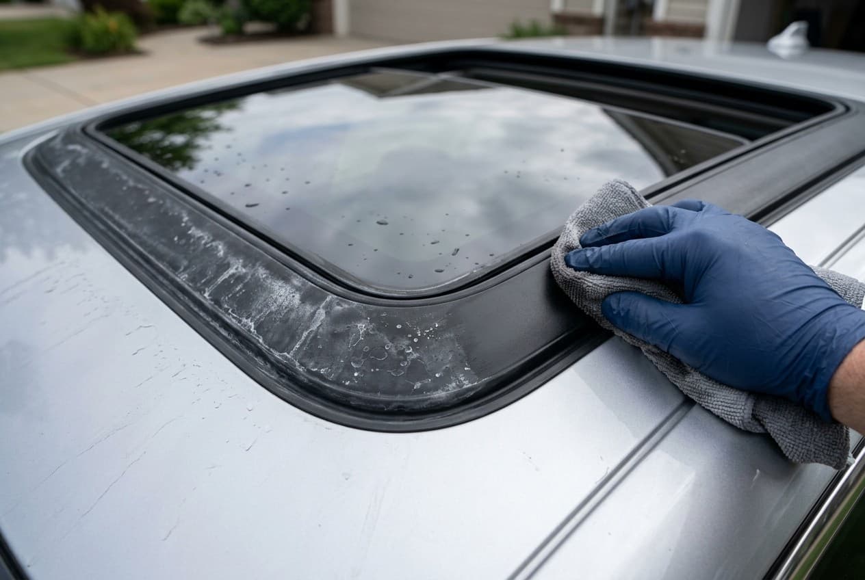 Joint en caoutchouc d'un toit ouvrant de voiture partiellement nettoyé avec des dépôts de calcaire blancs encore visibles