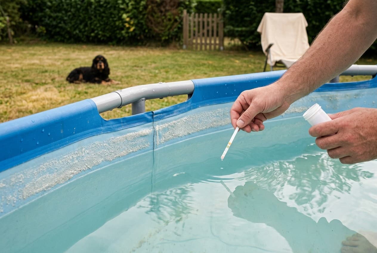 Dépôts de calcaire blancs sur la paroi d'une piscine hors-sol avec une eau trouble et un testeur pH/TAC