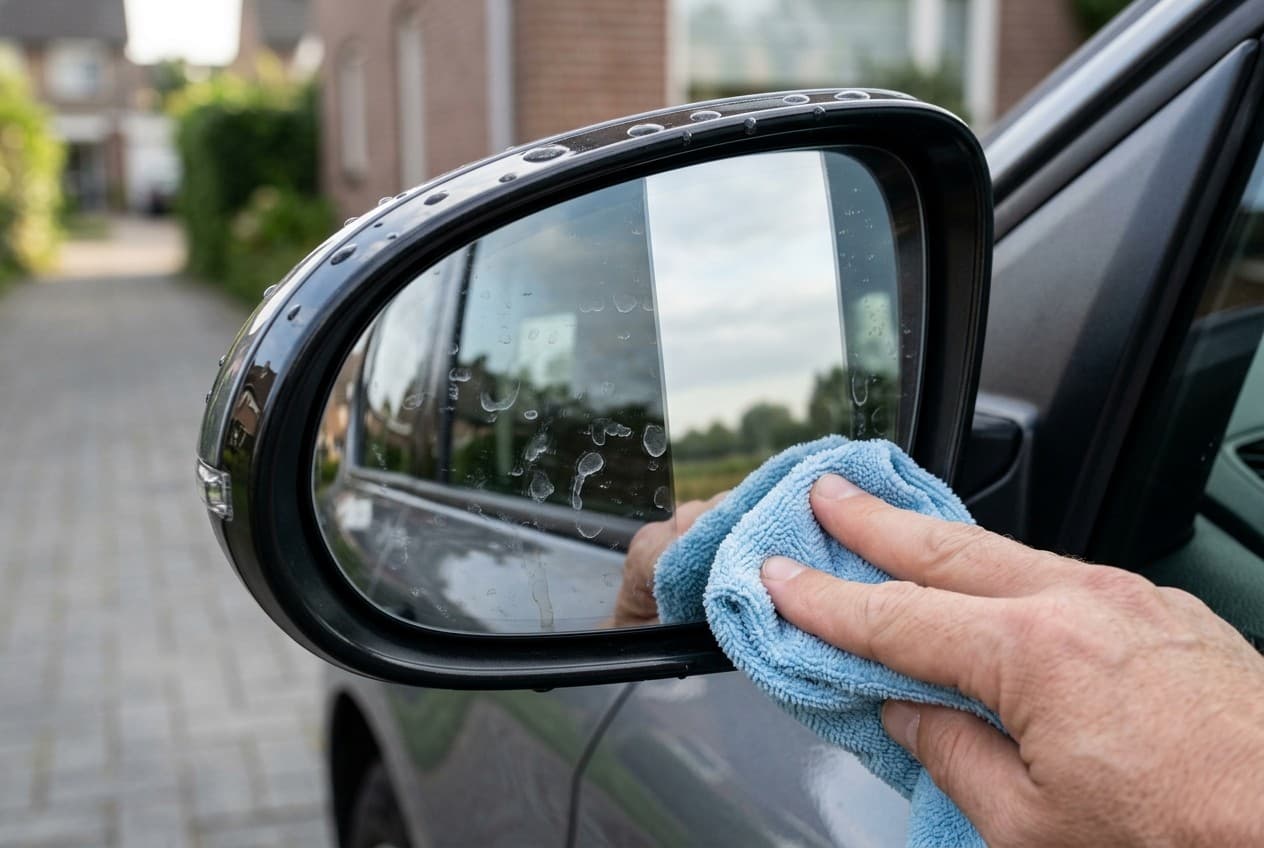 Rétroviseur de voiture à moitié nettoyé avec un chiffon microfibre, traces de calcaire visibles sur le miroir