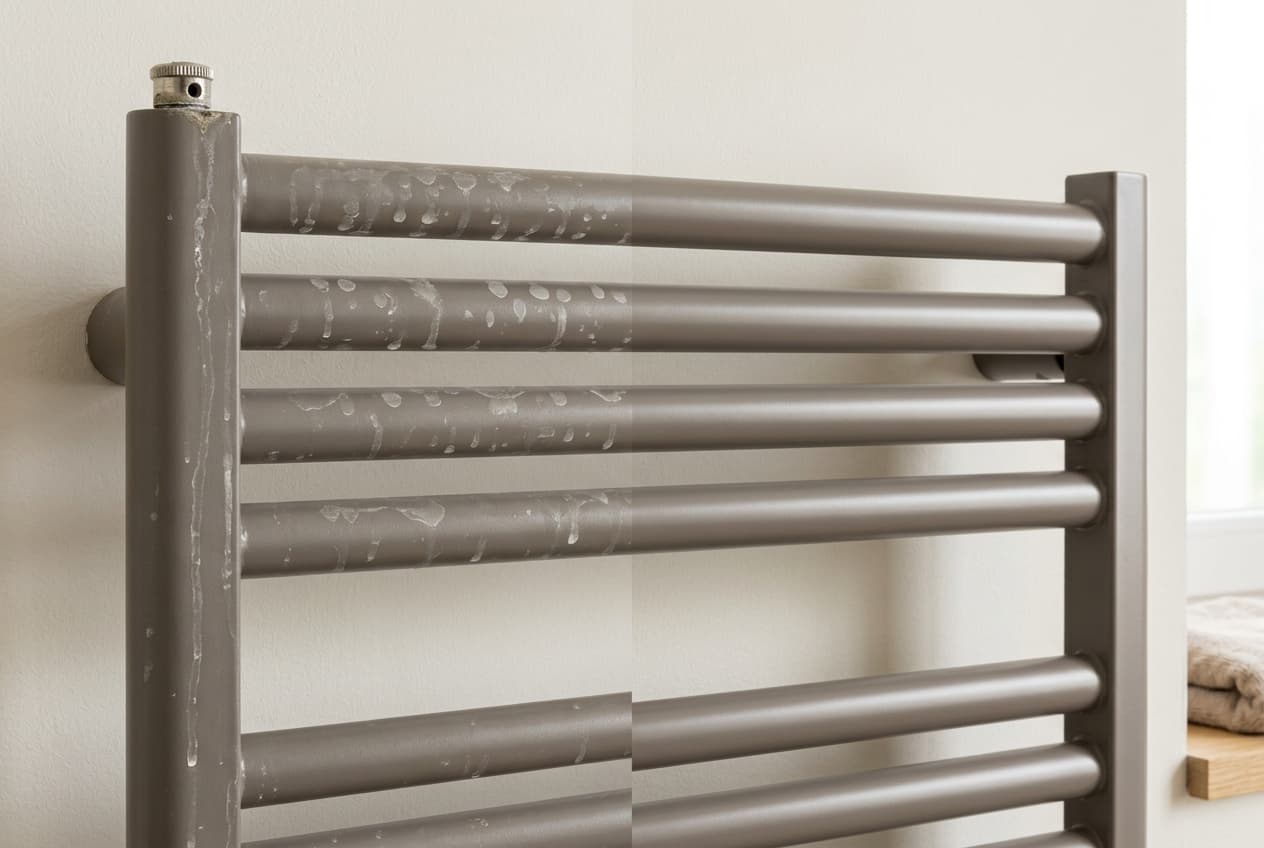 Sèche-serviettes de salle de bain avec traces blanches de calcaire à gauche, radiateur propre à droite