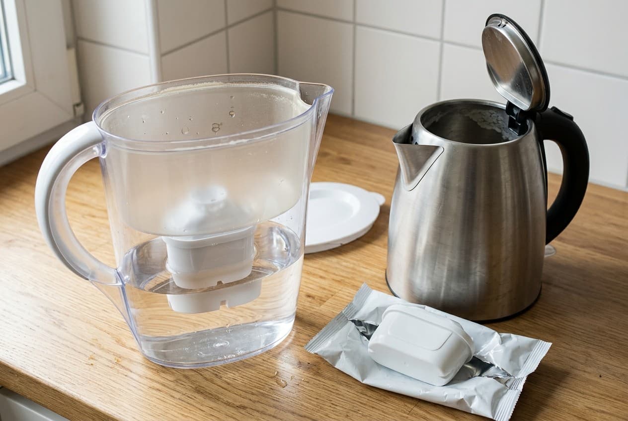 Carafe filtrante transparente sur un plan de travail avec une bouilloire entartrée et une cartouche neuve