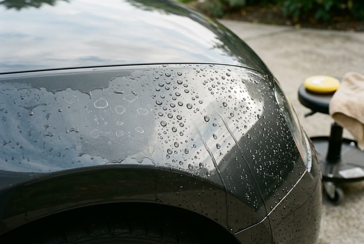 Gouttes d'eau perlant sur la carrosserie grise d'une voiture protégée par une cire, à côté d'une zone avec auréoles de calcaire