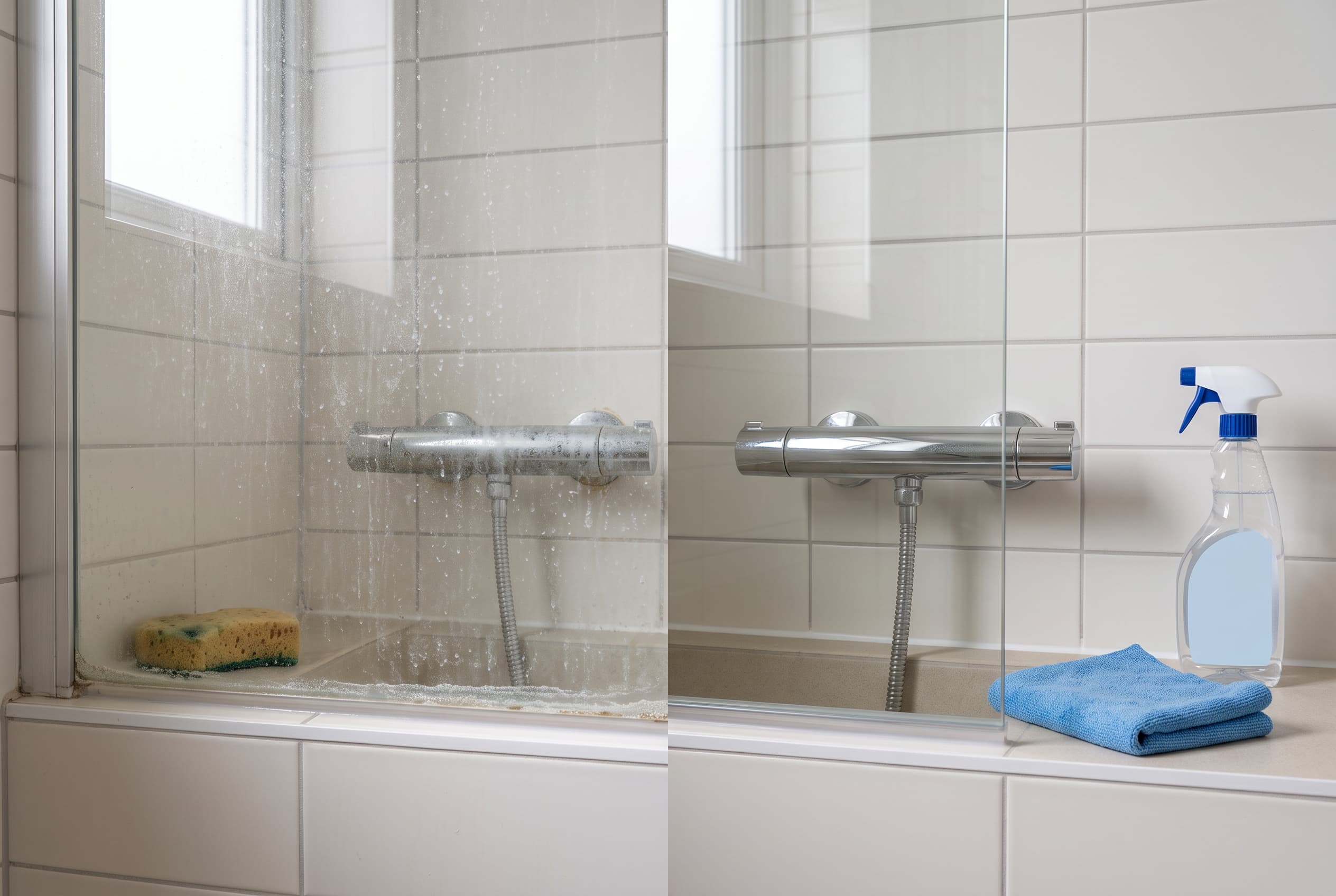 Paroi de douche en verre et robinetterie chromée avant/après nettoyage du calcaire