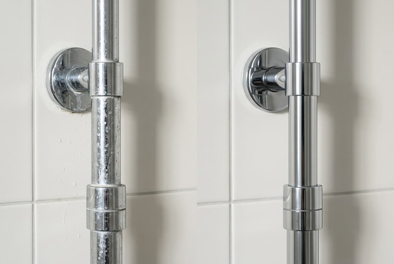 Bonde de douche entartrée à gauche, bonde propre et dégagée à droite