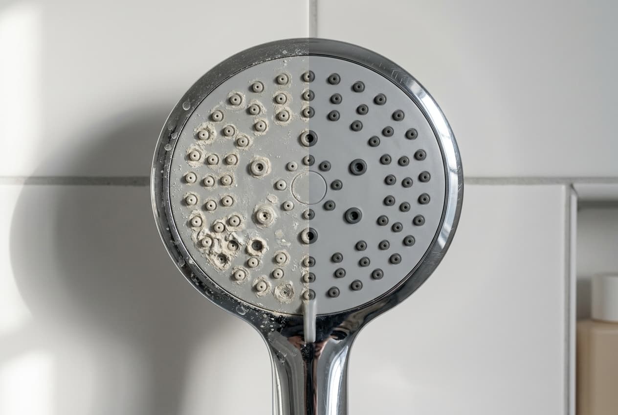 Pommeau de douche entartré à gauche, pommeau propre et détartré à droite
