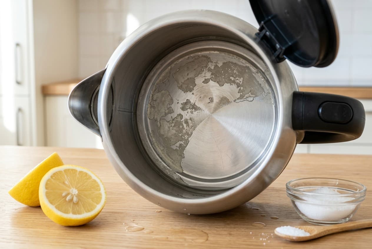 Fond d'une bouilloire inox entartrée avec citron et acide citrique posés sur un plan de travail de cuisine