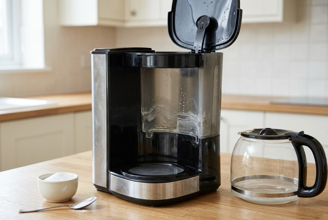 Cafetière filtre en cours de détartrage avec verseuse et dépôts de calcaire blancs dans le réservoir