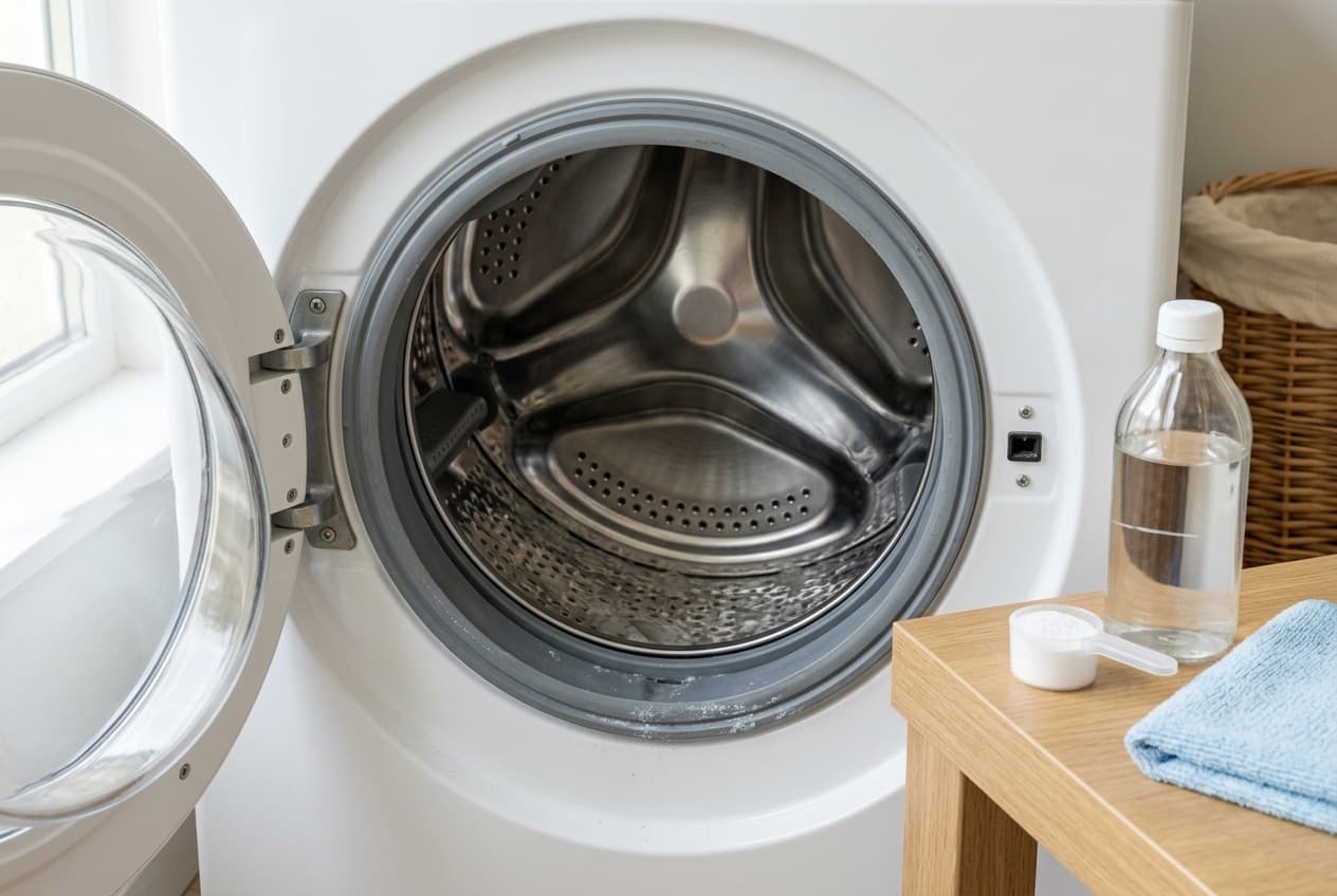 Tambour inox de lave-linge ouvert avec traces de calcaire blanc et dosette de détartrant posée
