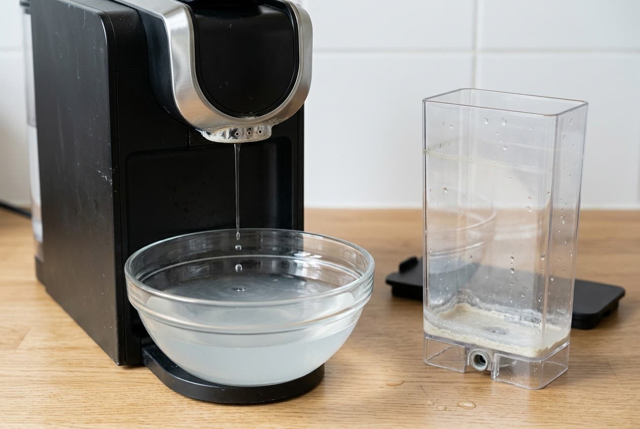 Machine à dosettes en détartrage, bol en verre sous la buse et réservoir entartré