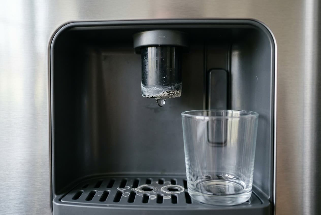 Gros plan sur le bec d'un distributeur d'eau de réfrigérateur inox avec traces blanches de calcaire