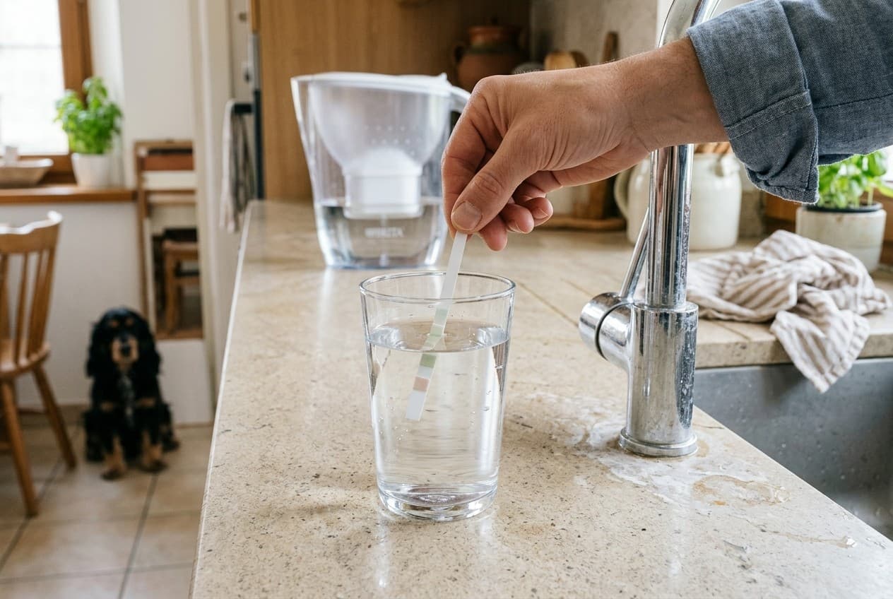 Verre d'eau du robinet posé sur un plan de travail avec un testeur de dureté et des traces de calcaire