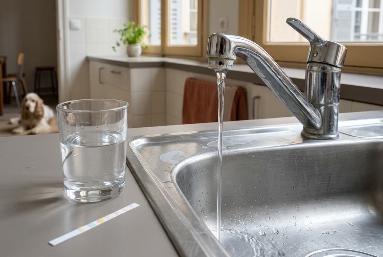 Robinet chromé avec traces de calcaire et verre d'eau illustrant la dureté de l'eau à Lyon