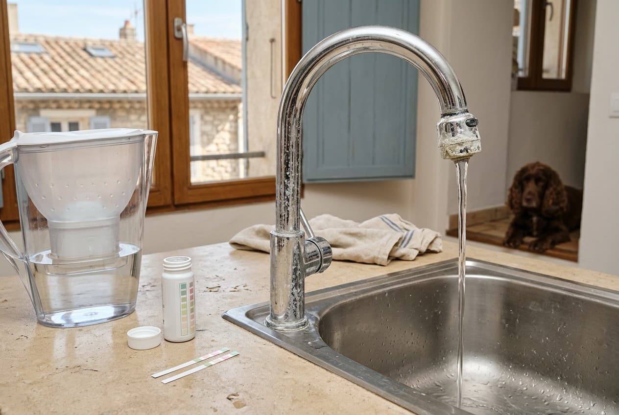 Robinet chromé avec traces de calcaire blanc, carafe filtrante et testeur de dureté dans une cuisine marseillaise lumineuse