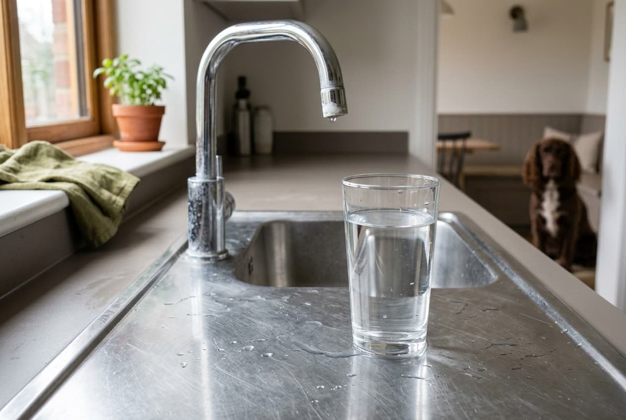 Verre d'eau du robinet posé sur un évier avec légères traces de calcaire sur le mitigeur chromé