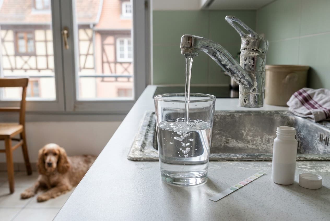 Robinet chromé entartré et verre d'eau avec bandelette de test de dureté devant des maisons alsaciennes à colombages