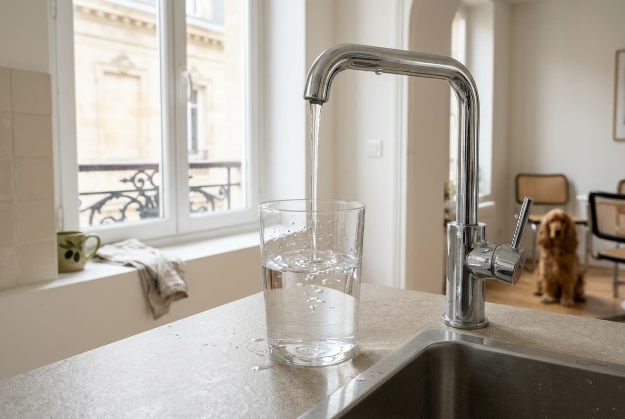 Verre d'eau limpide rempli au robinet de cuisine chromé sans trace de calcaire, dans un intérieur bordelais lumineux