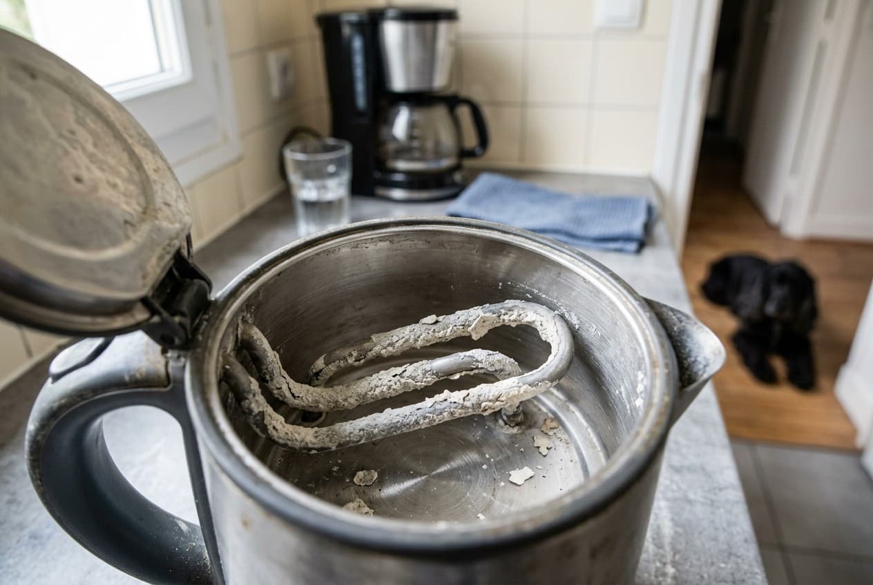 Résistance de bouilloire recouverte de dépôts de calcaire blanc, éclairée par la lumière d'une cuisine francilienne