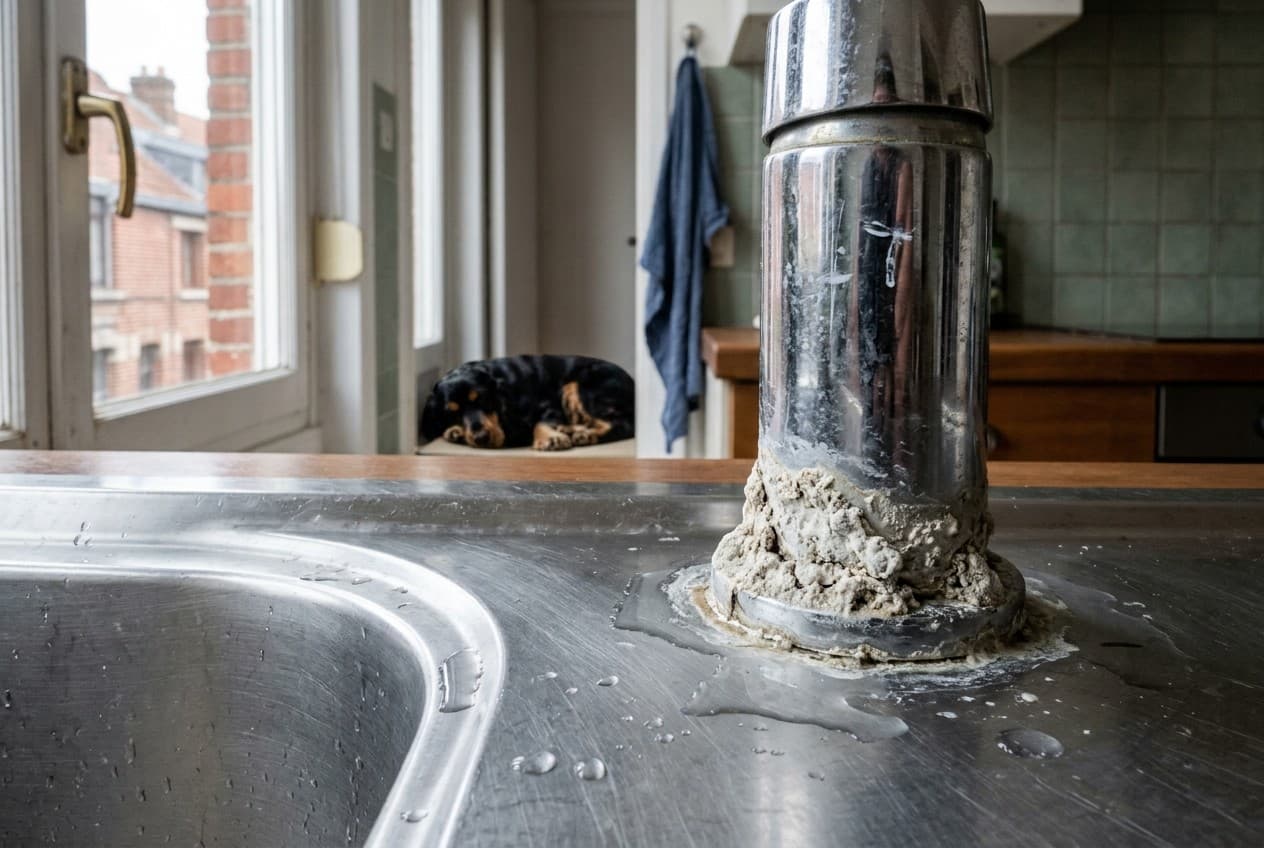 Robinet chromé de cuisine entartré par le calcaire devant des façades en briques du Nord de la France