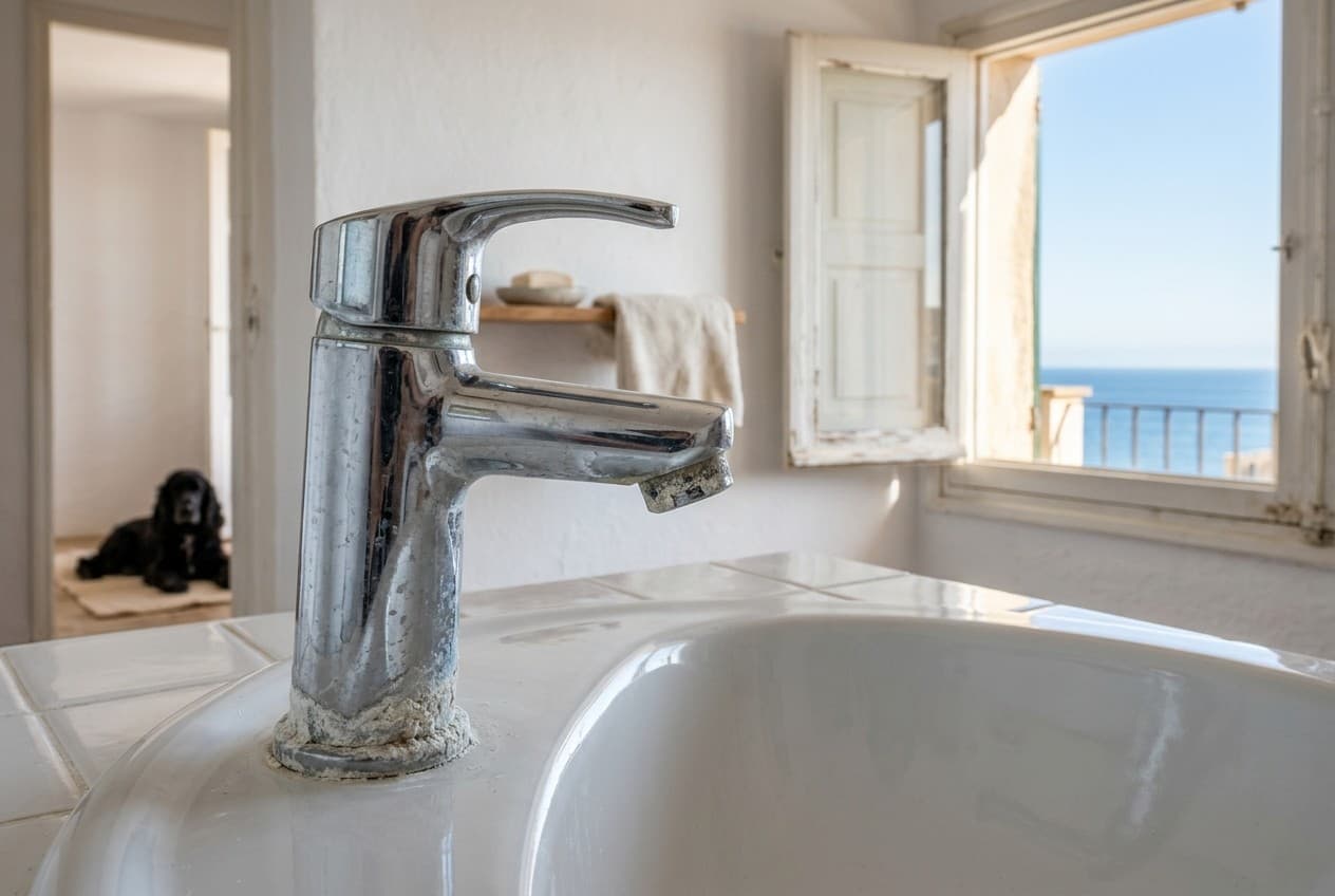 Robinet de salle de bain entartré de calcaire blanc avec fenêtre ouverte sur la Méditerranée