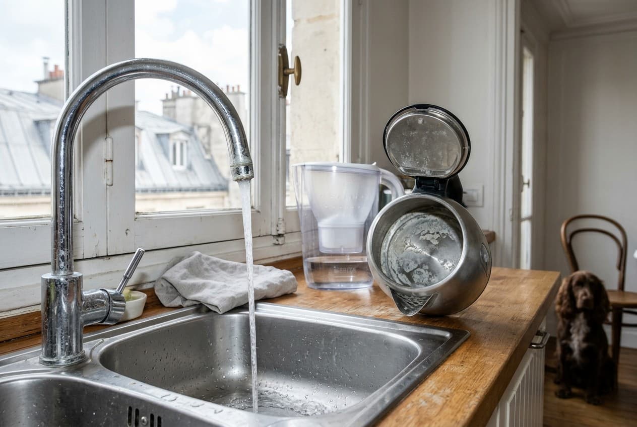 Robinet chromé entartré et verre d'eau sur un plan de travail dans un appartement parisien