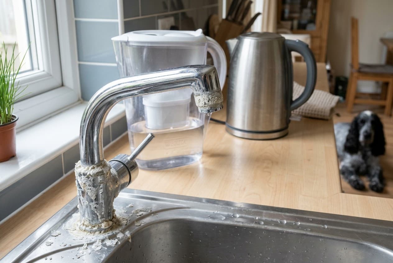 Robinet chromé de cuisine entartré avec carafe filtrante Brita et bouilloire sur un plan de travail en bois