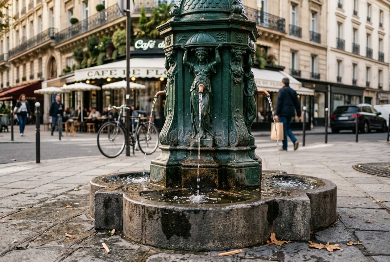 Fontaine Wallace à Paris, eau potable gratuite dans la rue, symbole d'Eau de Paris régie publique