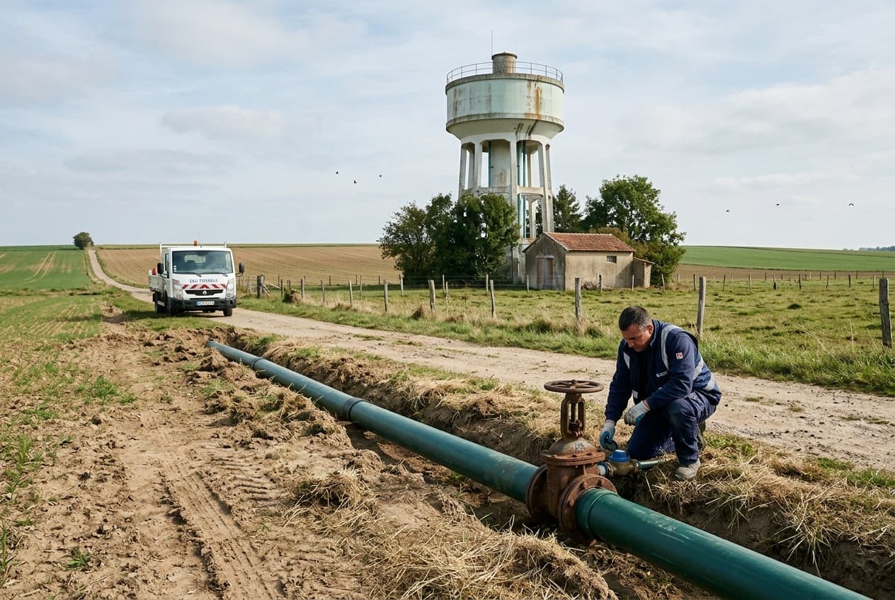 Technicien réseau d'eau potable en zone rurale avec château d'eau en arrière-plan, Île-de-France