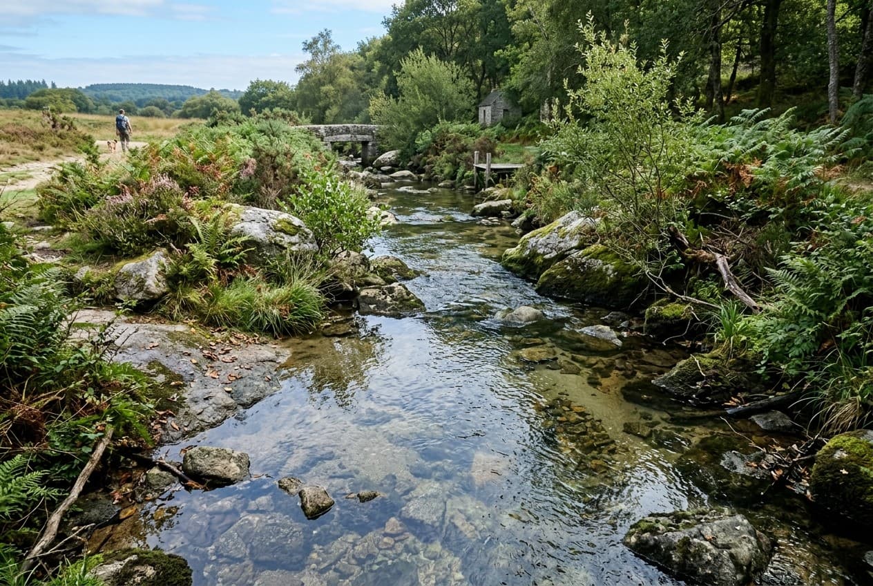 Rivière bretonne sur rochers de granite, eau claire potable distribuée en France