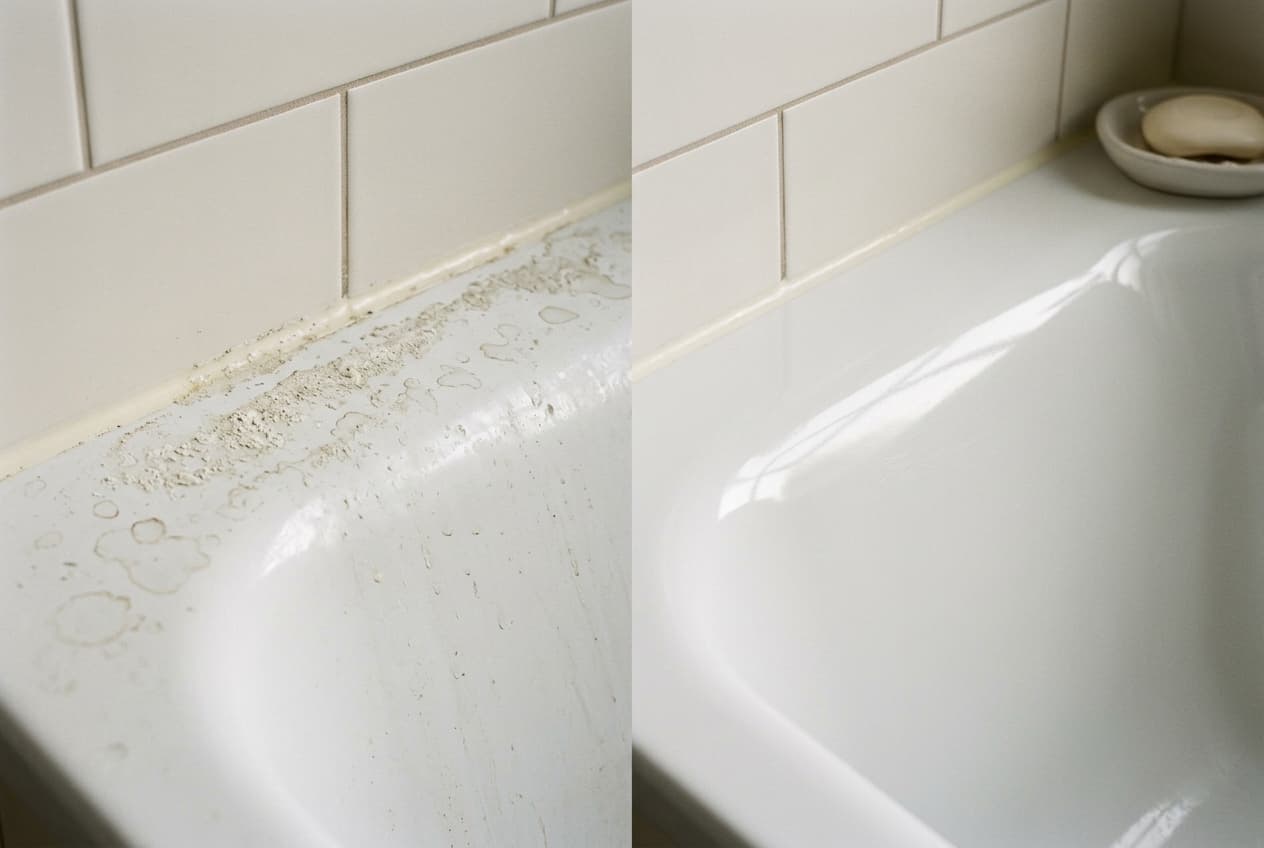 Rebord de baignoire en émail avec calcaire à gauche, émail propre et brillant à droite