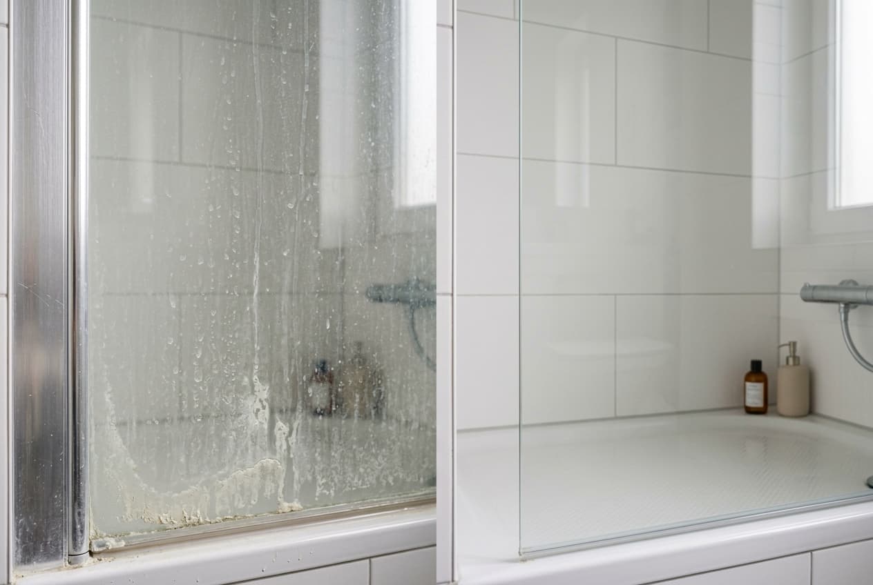Paroi de douche en verre, calcaire incrusté à gauche et verre transparent après nettoyage à droite