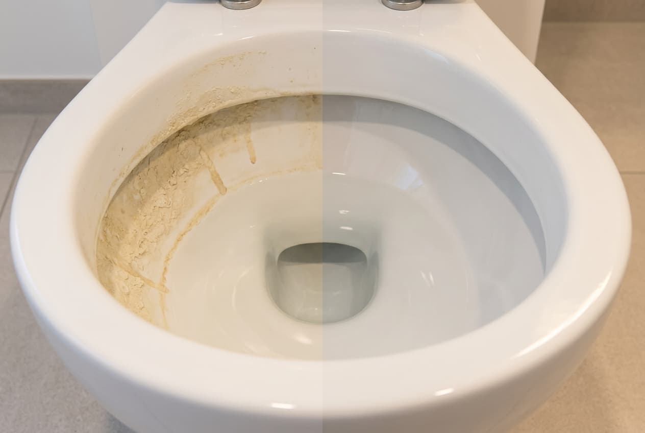 Cuvette de WC avec traces de calcaire jaunes à gauche, cuvette propre à droite