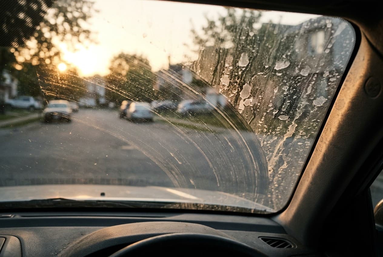 Pare-brise de voiture avec traces blanches de calcaire visibles à contre-jour au lever du soleil