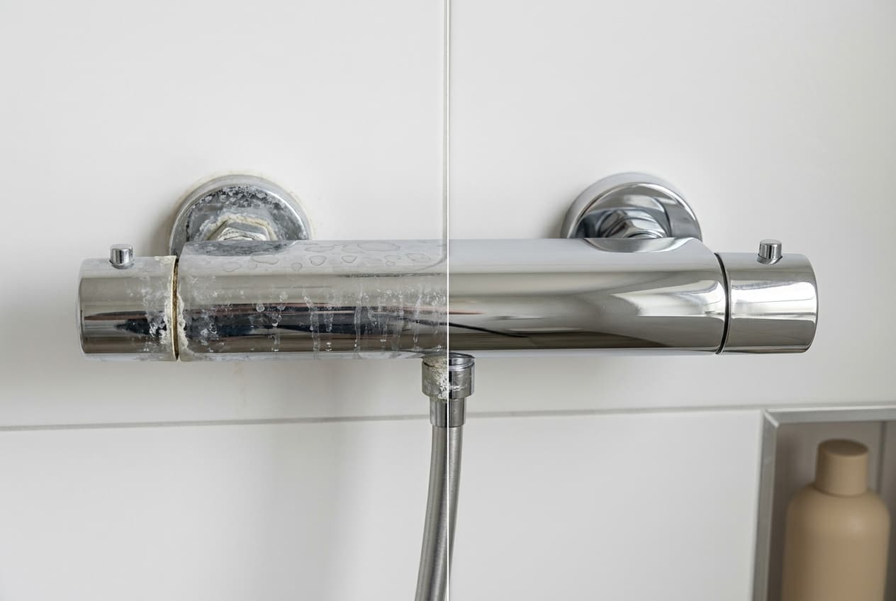Mitigeur chromé de salle de bain, calcaire à la base à gauche et robinetterie propre à droite