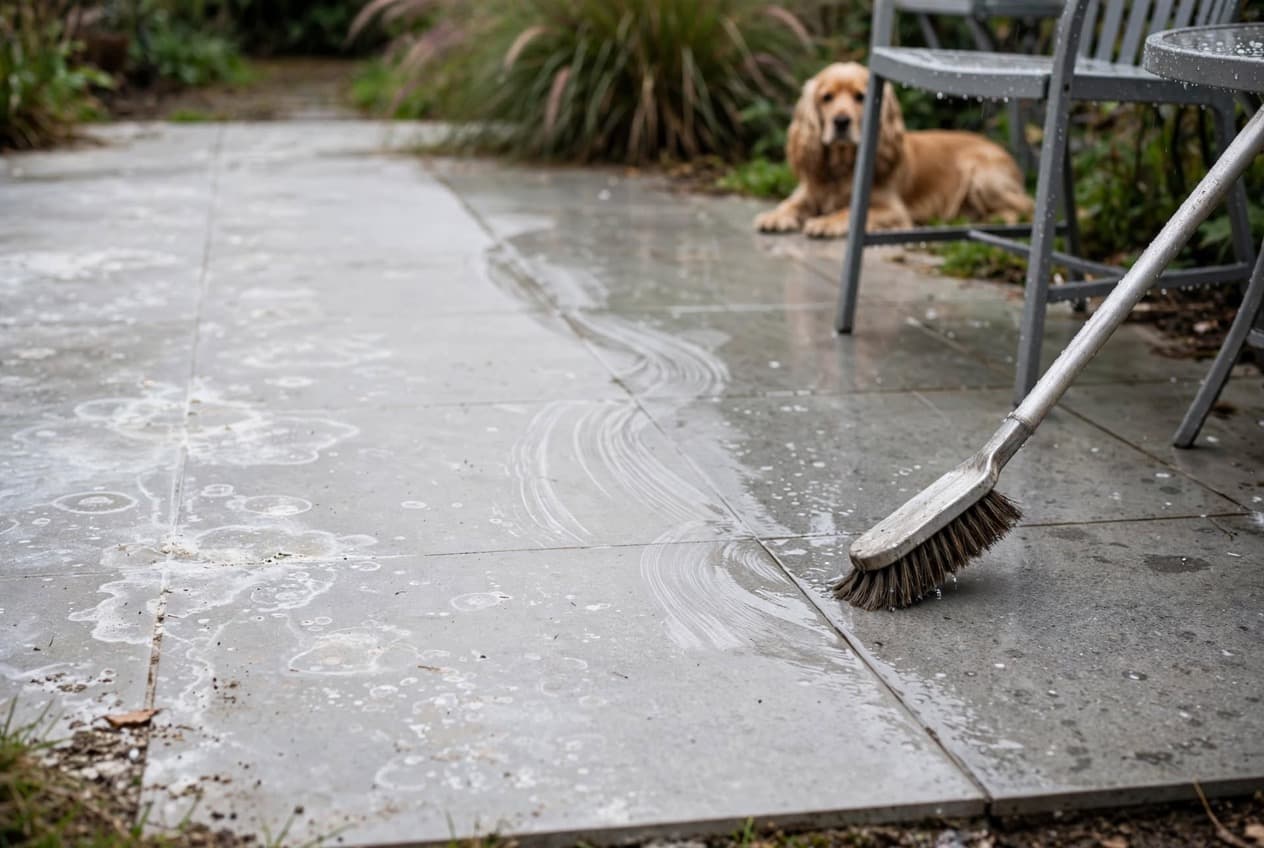 Terrasse en carrelage gris avec une moitié couverte de traces de calcaire blanches et l'autre nettoyée à la brosse