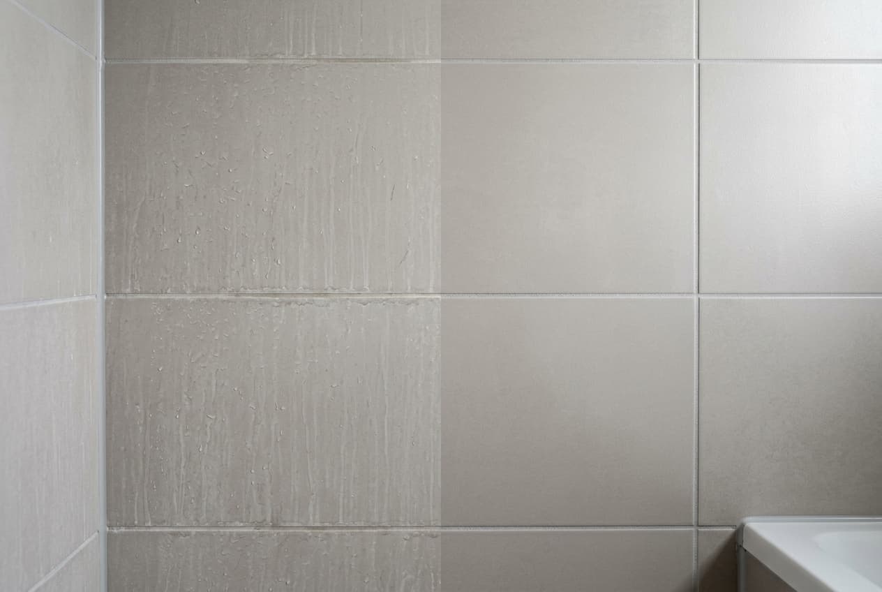 Miroir de salle de bain avec traces de calcaire à gauche, miroir impeccable à droite