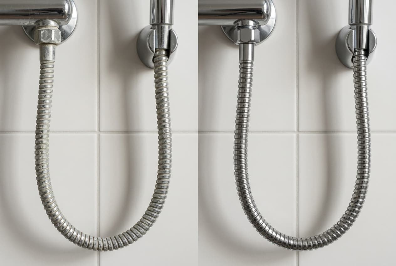 Flexible de douche entartré à gauche, flexible propre à droite