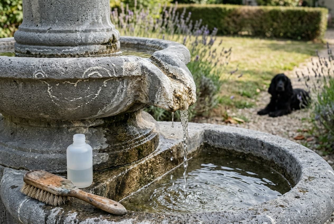 Fontaine de jardin en pierre recouverte de dépôts blancs de calcaire autour du bec d'écoulement