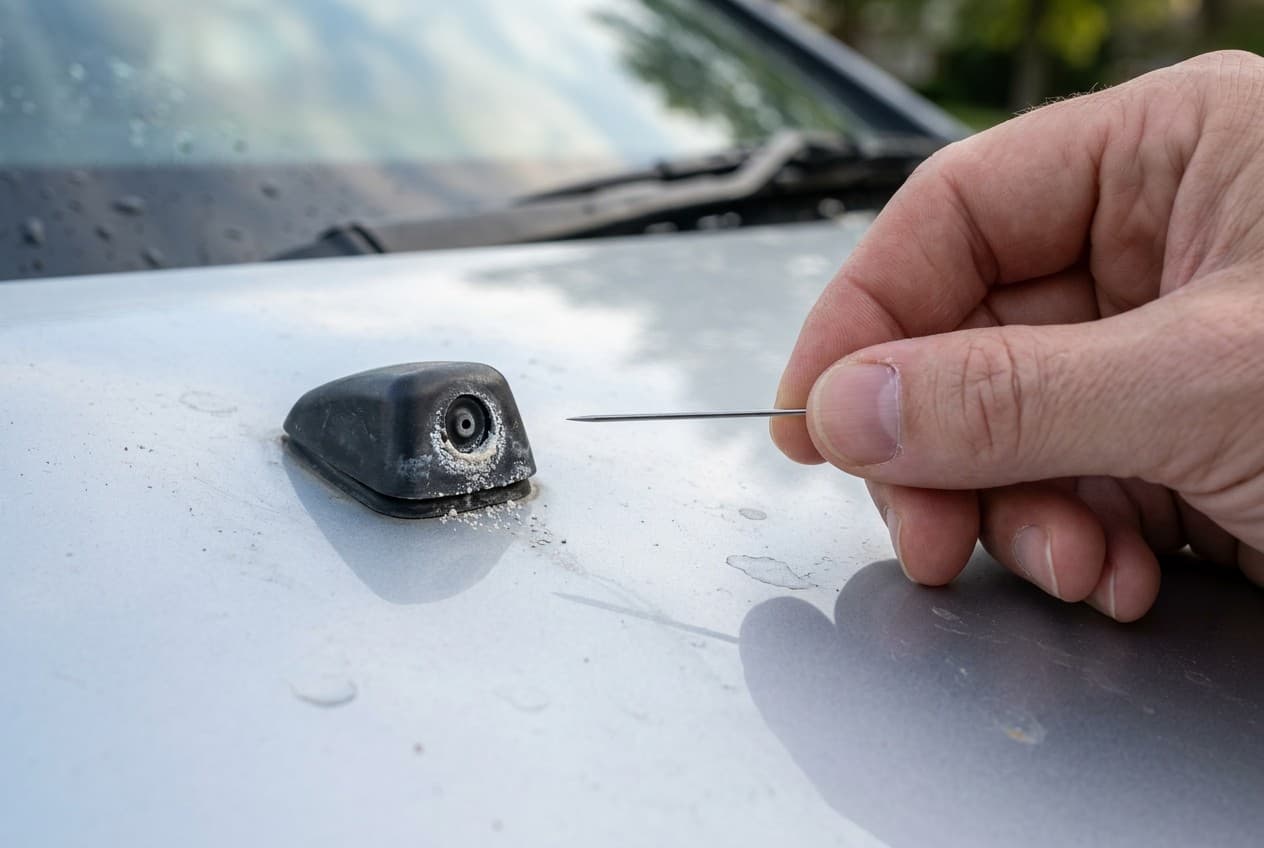 Gros plan d'un gicleur de lave-glace bouché par un dépôt blanc de calcaire sur un capot de voiture