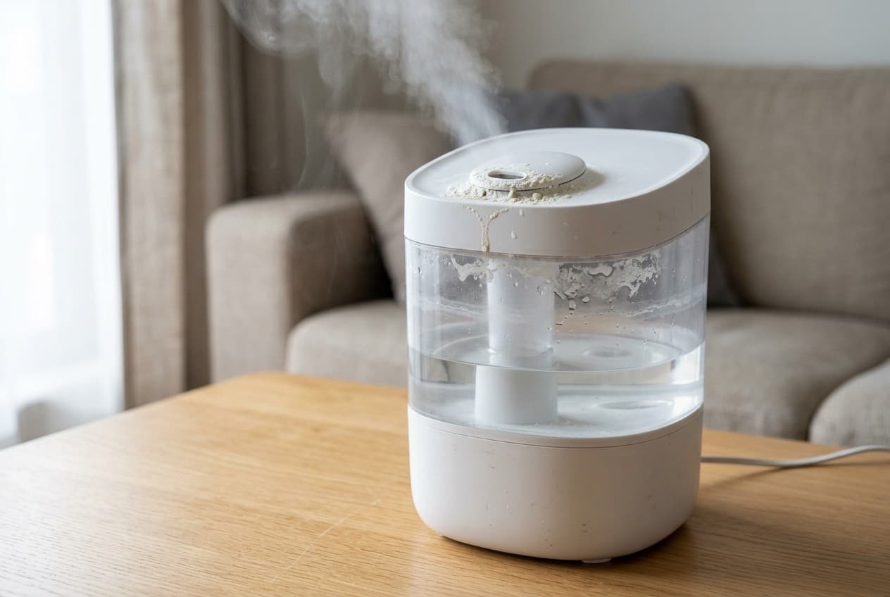 Humidificateur à ultrasons avec un dépôt blanc calcaire visible autour de la buse et du réservoir