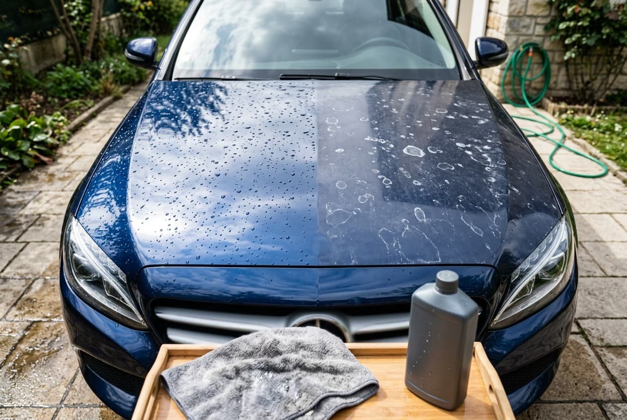 Capot de voiture bleu nuit avec moitié brillante et moitié marquée d'auréoles blanches de calcaire après séchage
