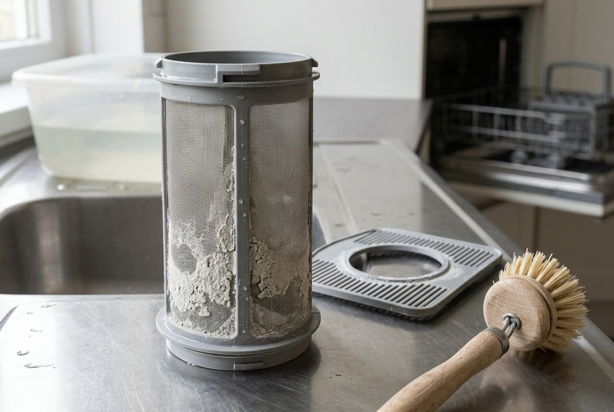 Filtre cylindrique de lave-vaisselle démonté et entartré, posé sur un évier à côté d'une brosse