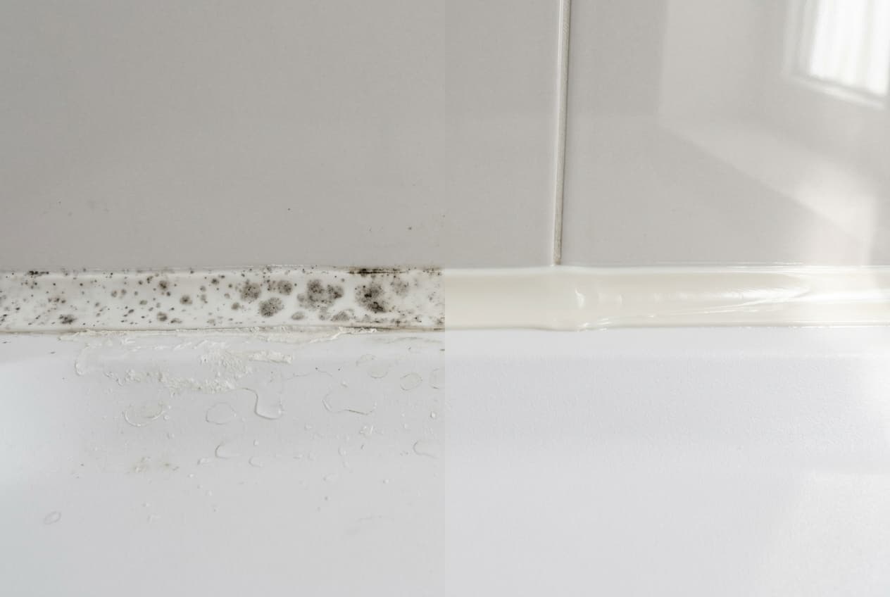 Joint de douche noirci par le calcaire et la moisissure à gauche, joint propre à droite