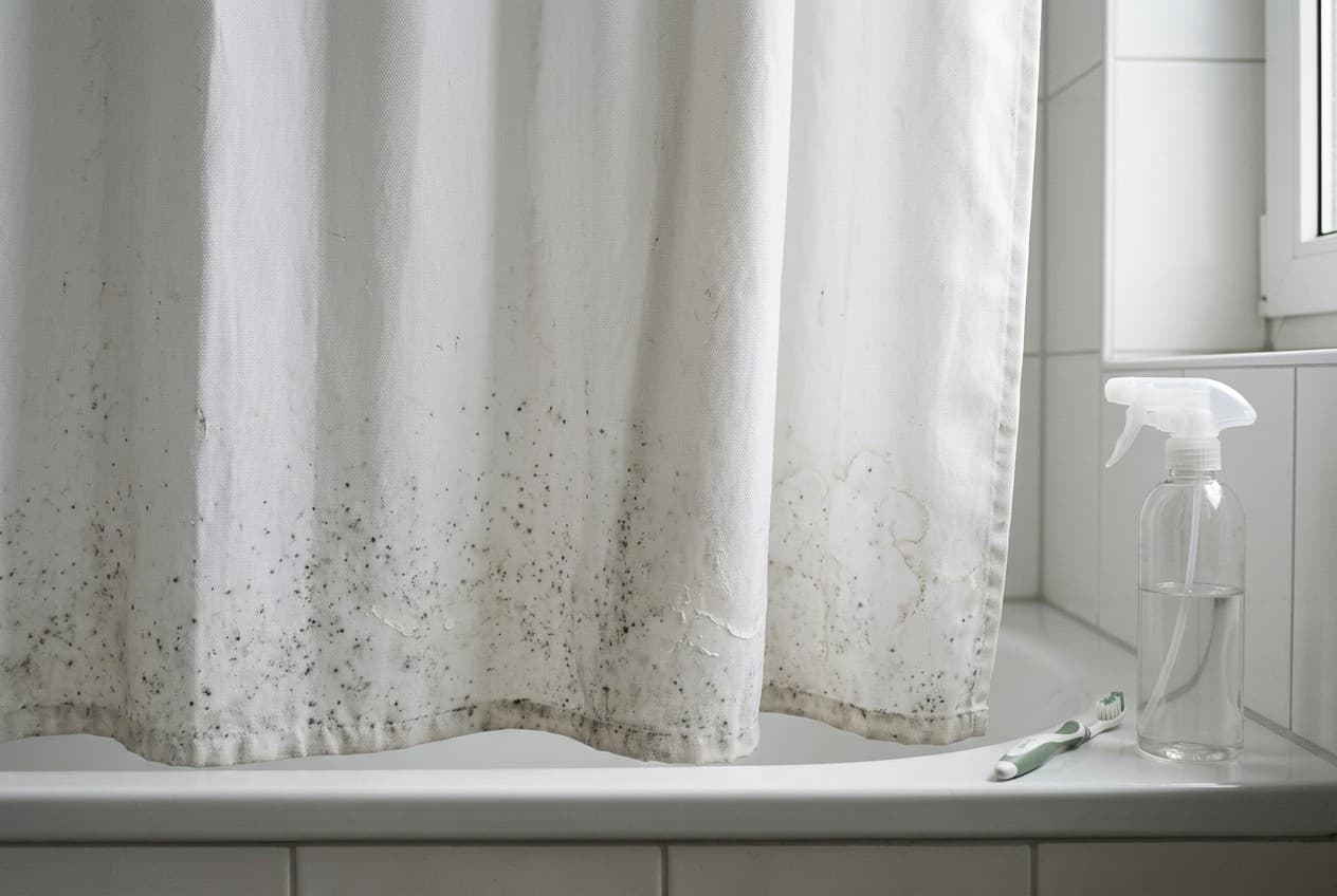 Rideau de douche avec traces calcaires et moisissures sur le bas, avant nettoyage